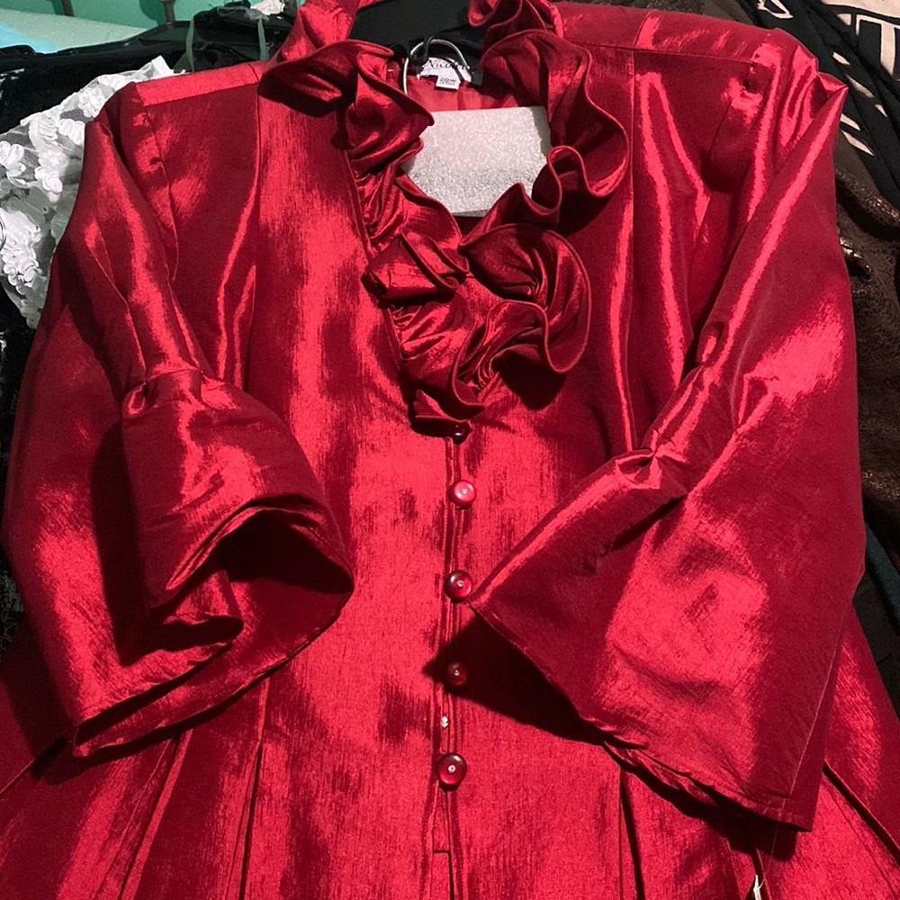 Plus size, 2pc suit,ruffle jacket w midi skirt,red, Great for semi-formal attire